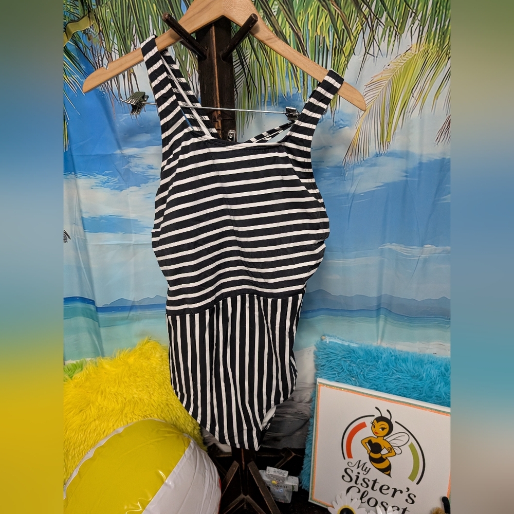 Lands' End Black and White Striped One-Piece Swimsuit